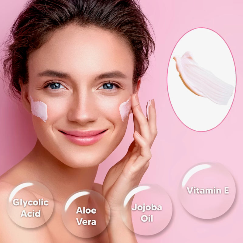 A woman applying Berry Bare Glycolic Mask and swatch of face mask